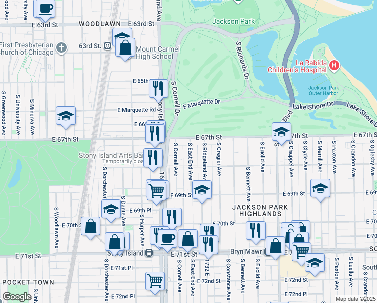 map of restaurants, bars, coffee shops, grocery stores, and more near 6745 South East End Avenue in Chicago