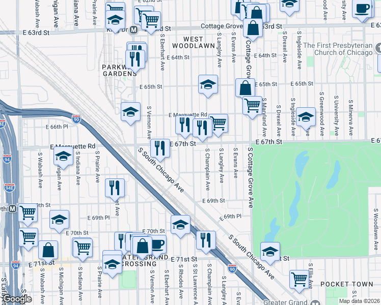 map of restaurants, bars, coffee shops, grocery stores, and more near 6735 South Saint Lawrence Avenue in Chicago