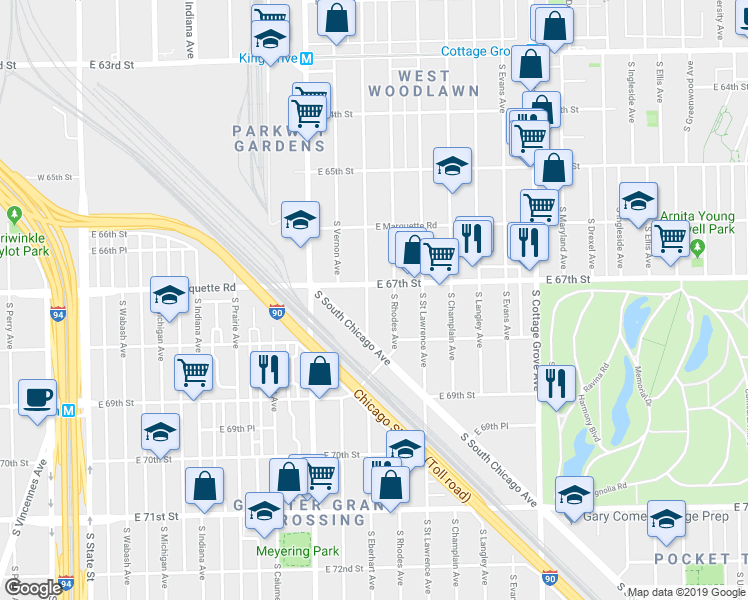 map of restaurants, bars, coffee shops, grocery stores, and more near 6732 South Rhodes Avenue in Chicago