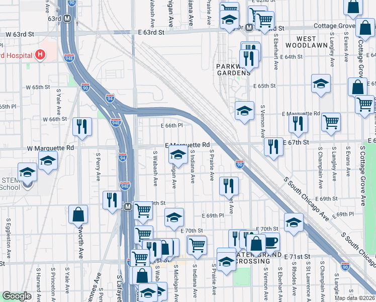 map of restaurants, bars, coffee shops, grocery stores, and more near 67258 South Indiana Avenue in Chicago