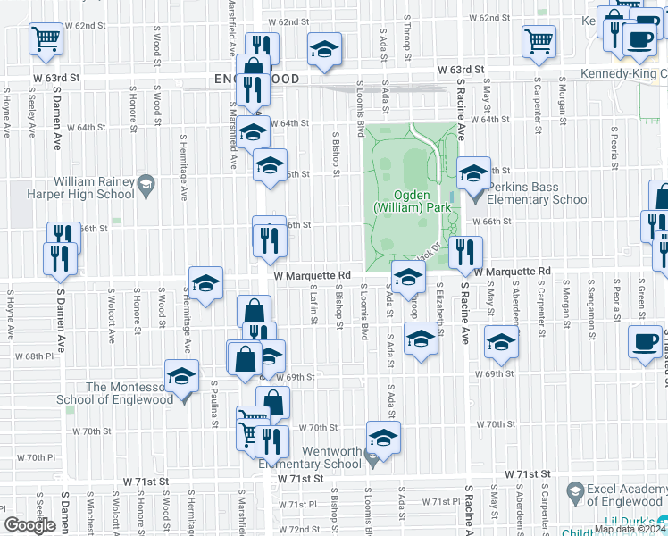 map of restaurants, bars, coffee shops, grocery stores, and more near 1419 West Marquette Road in Chicago