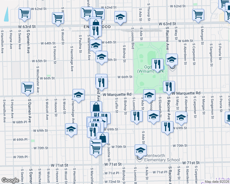 map of restaurants, bars, coffee shops, grocery stores, and more near 1457 West Marquette Road in Chicago