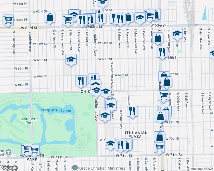 map of restaurants, bars, coffee shops, grocery stores, and more near 6657 South Fairfield Avenue in Chicago