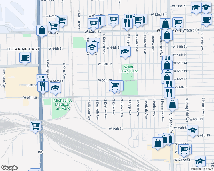 map of restaurants, bars, coffee shops, grocery stores, and more near 6635 South Kostner Avenue in Chicago