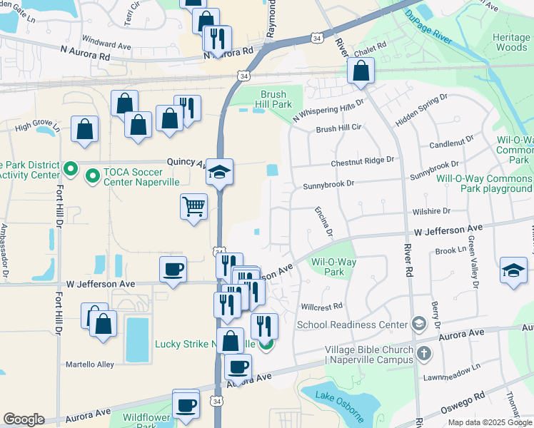 map of restaurants, bars, coffee shops, grocery stores, and more near 115 South Testa Drive in Naperville