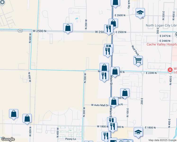 map of restaurants, bars, coffee shops, grocery stores, and more near 150 West 2200 North in Logan