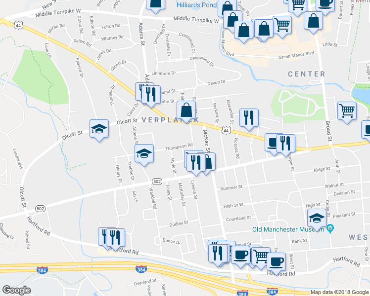 map of restaurants, bars, coffee shops, grocery stores, and more near 49 Coolidge Street in Manchester