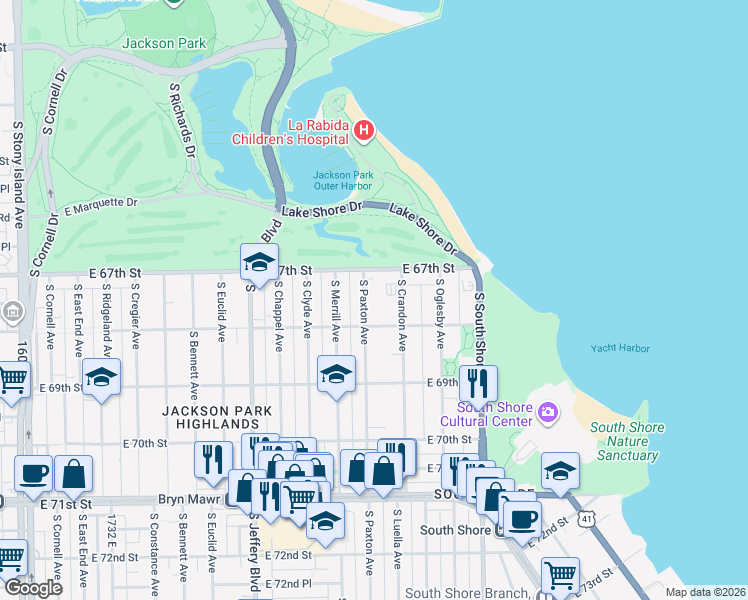 map of restaurants, bars, coffee shops, grocery stores, and more near 6733 South Paxton Avenue in Chicago