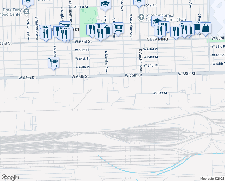 map of restaurants, bars, coffee shops, grocery stores, and more near 6249 West 66th Place in Bedford Park