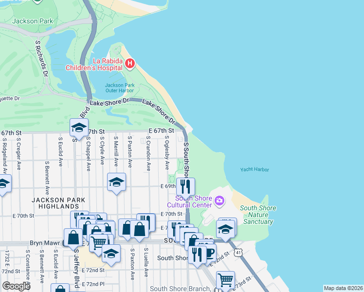 map of restaurants, bars, coffee shops, grocery stores, and more near 6730 South South Shore Drive in Chicago