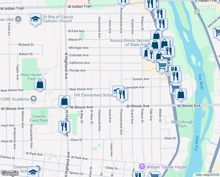 map of restaurants, bars, coffee shops, grocery stores, and more near Iowa Avenue in Aurora