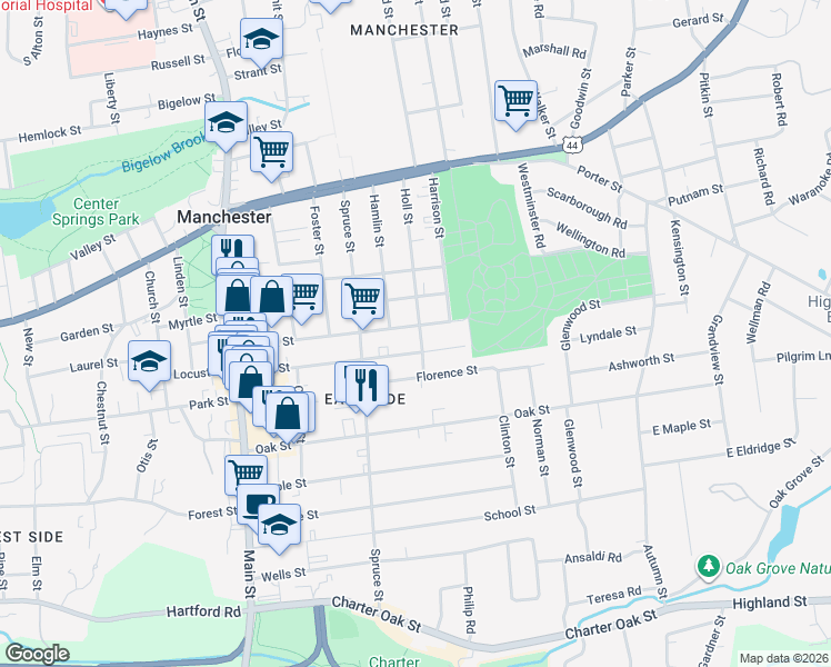 map of restaurants, bars, coffee shops, grocery stores, and more near 134 Birch Street in Manchester