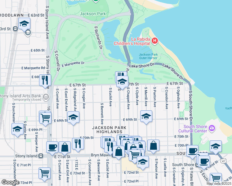 map of restaurants, bars, coffee shops, grocery stores, and more near 6747 South Euclid Avenue in Chicago