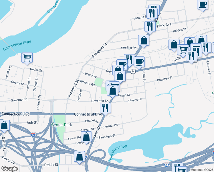 map of restaurants, bars, coffee shops, grocery stores, and more near 27 Chapman Street in East Hartford