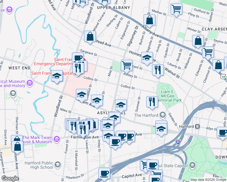 map of restaurants, bars, coffee shops, grocery stores, and more near 195 Sigourney Street in Hartford