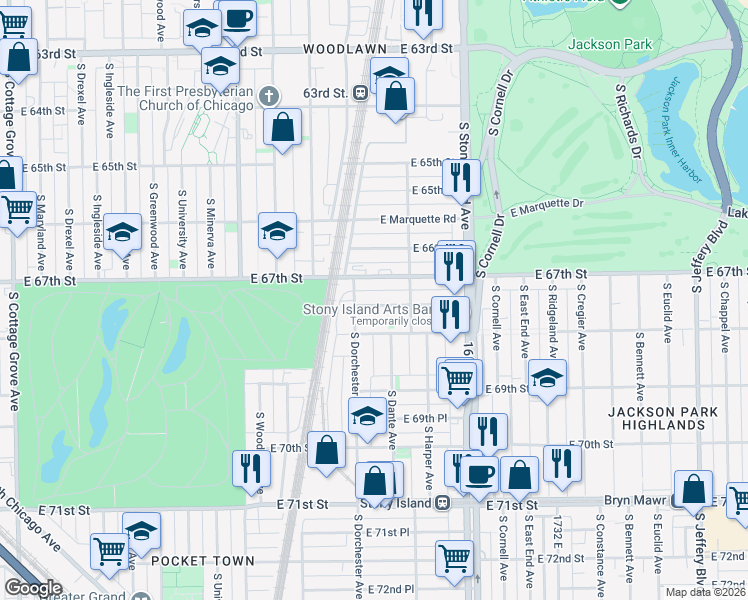map of restaurants, bars, coffee shops, grocery stores, and more near 1418 East 67th Place in Chicago