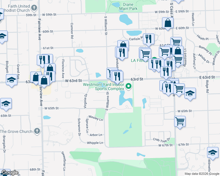 map of restaurants, bars, coffee shops, grocery stores, and more near 1221 South Williams Street in Westmont
