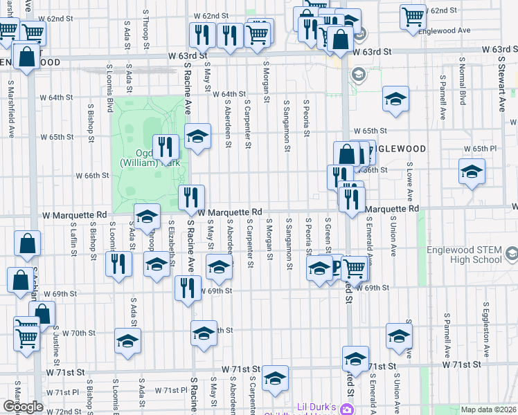 map of restaurants, bars, coffee shops, grocery stores, and more near 1012 West Marquette Road in Chicago