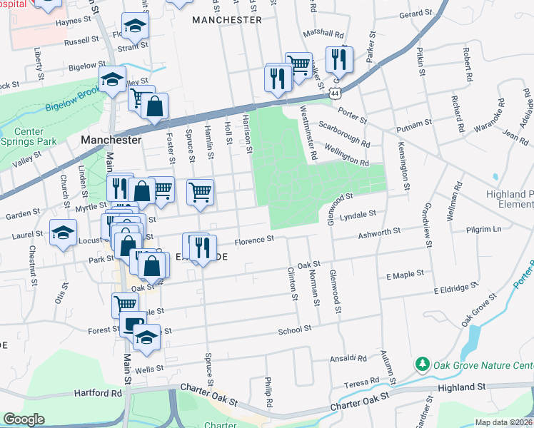 map of restaurants, bars, coffee shops, grocery stores, and more near 182 Bissell Street in Manchester