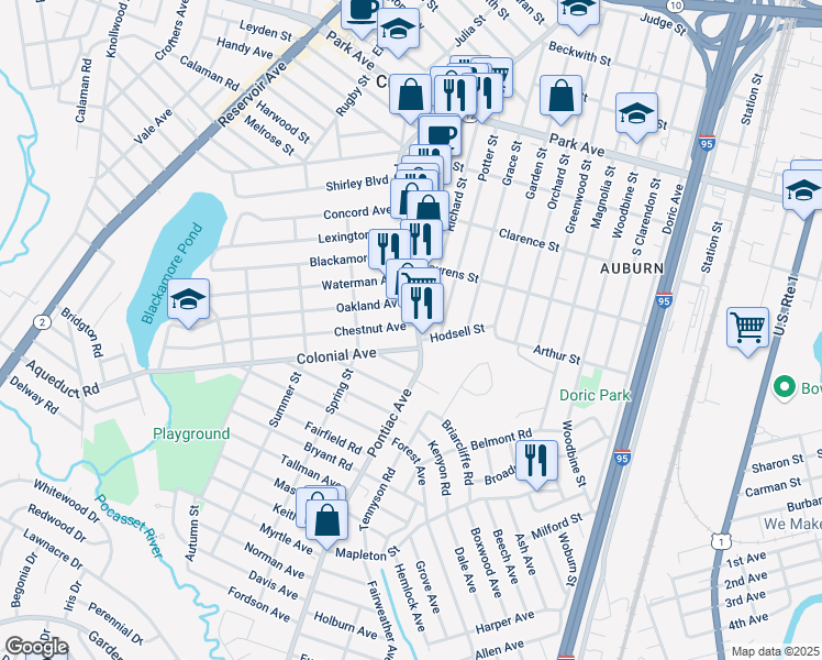map of restaurants, bars, coffee shops, grocery stores, and more near 565 Pontiac Avenue in Cranston