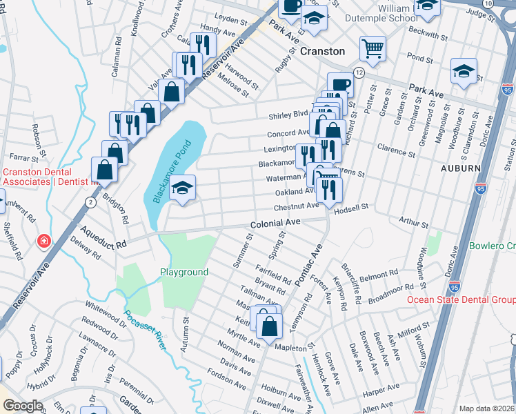 map of restaurants, bars, coffee shops, grocery stores, and more near 107 Colonial Avenue in Cranston