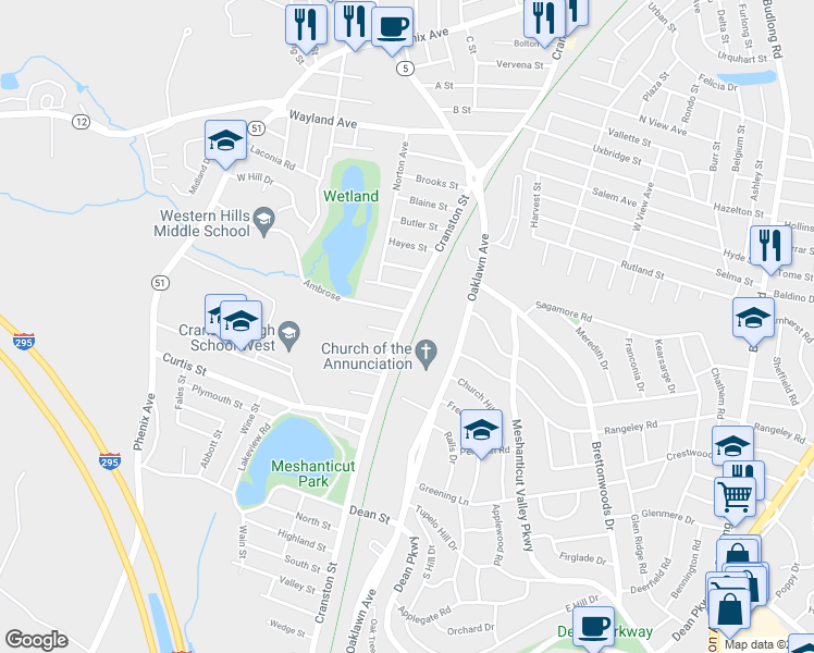 map of restaurants, bars, coffee shops, grocery stores, and more near 2068 Cranston Street in Cranston