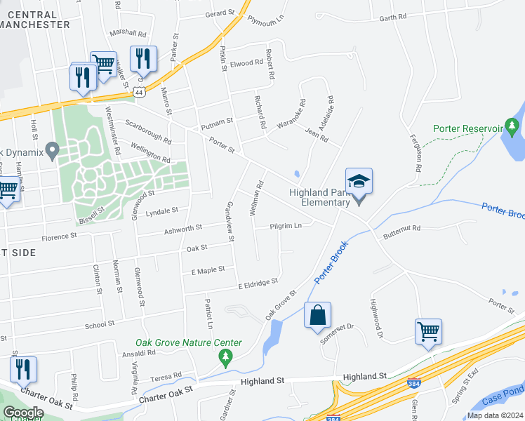 map of restaurants, bars, coffee shops, grocery stores, and more near 77 Pilgrim Lane in Manchester