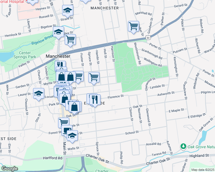 map of restaurants, bars, coffee shops, grocery stores, and more near 134 Birch Street in Manchester