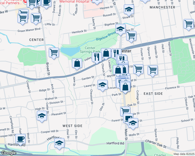 map of restaurants, bars, coffee shops, grocery stores, and more near 23 Laurel Street in Manchester