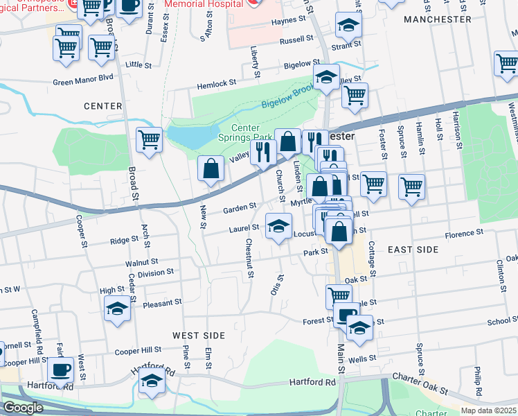 map of restaurants, bars, coffee shops, grocery stores, and more near 23 Laurel Street in Manchester