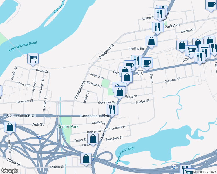 map of restaurants, bars, coffee shops, grocery stores, and more near 1017 Main Street in East Hartford
