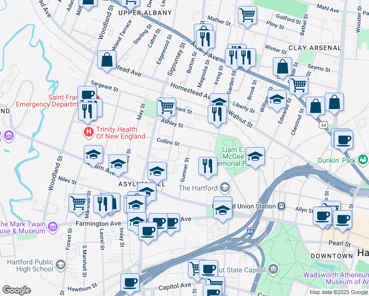 map of restaurants, bars, coffee shops, grocery stores, and more near 79 Sumner Street in Hartford