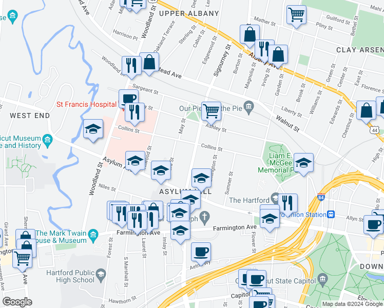 map of restaurants, bars, coffee shops, grocery stores, and more near 188 Sigourney Street in Hartford