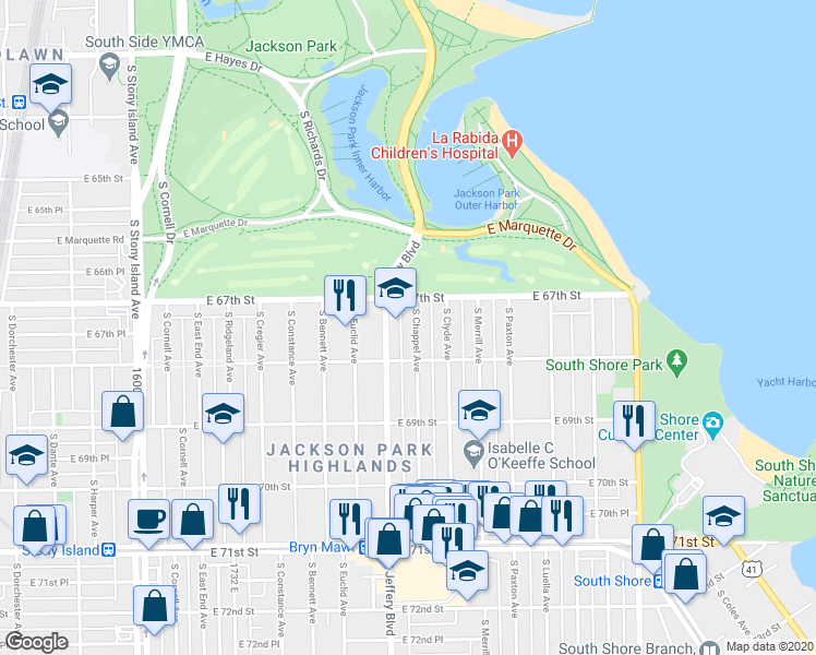 map of restaurants, bars, coffee shops, grocery stores, and more near 6751 South Jeffery Boulevard in Chicago