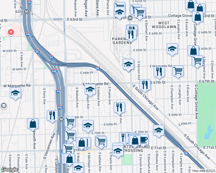 map of restaurants, bars, coffee shops, grocery stores, and more near 6727 South Indiana Avenue in Chicago