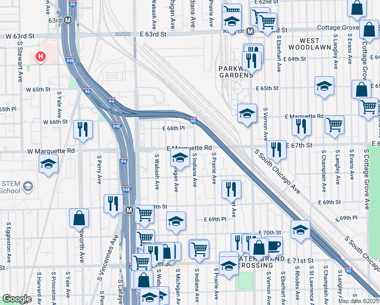 map of restaurants, bars, coffee shops, grocery stores, and more near 67258 South Indiana Avenue in Chicago