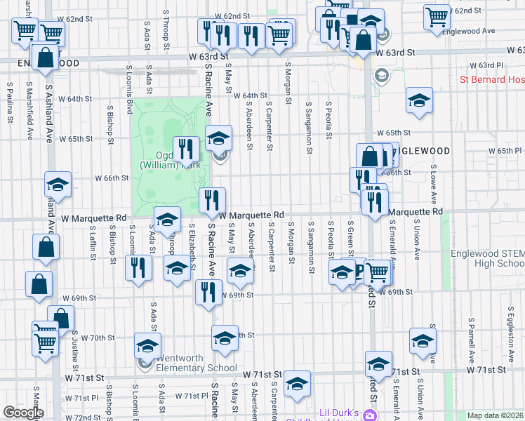 map of restaurants, bars, coffee shops, grocery stores, and more near 6710 South Carpenter Street in Chicago