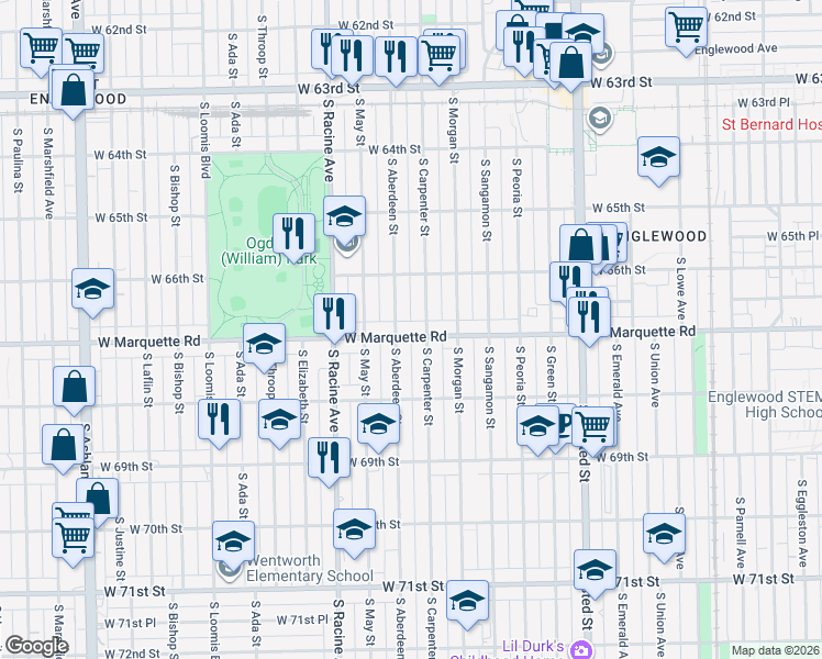 map of restaurants, bars, coffee shops, grocery stores, and more near 6710 South Carpenter Street in Chicago
