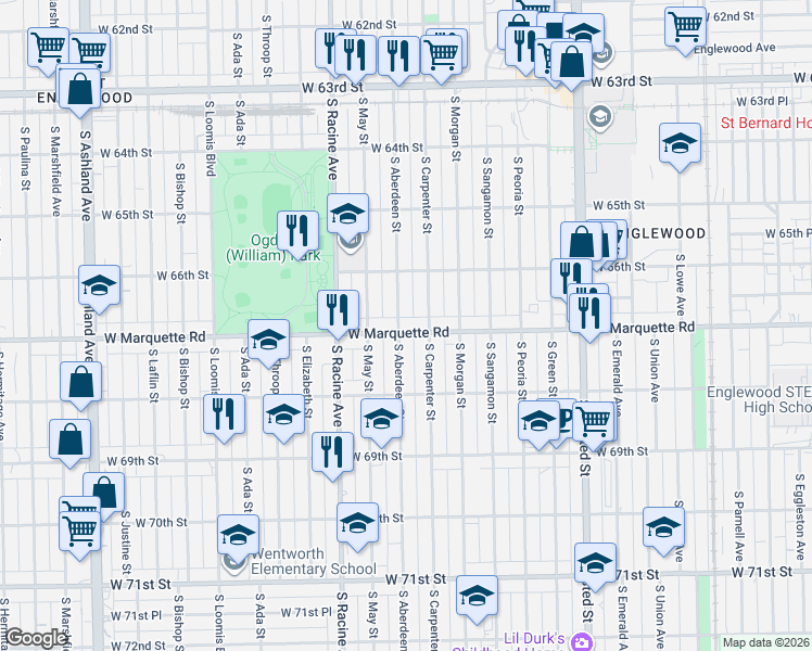 map of restaurants, bars, coffee shops, grocery stores, and more near 6710 South Carpenter Street in Chicago
