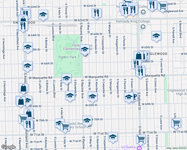 map of restaurants, bars, coffee shops, grocery stores, and more near 1111 West Marquette Road in Chicago