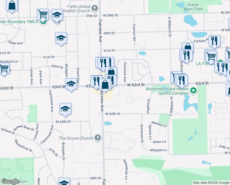 map of restaurants, bars, coffee shops, grocery stores, and more near 1245 Connamara Court in Westmont