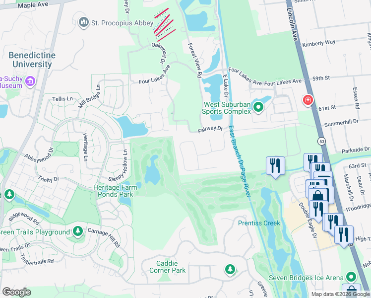 map of restaurants, bars, coffee shops, grocery stores, and more near 1195 Summerhill Drive in Lisle