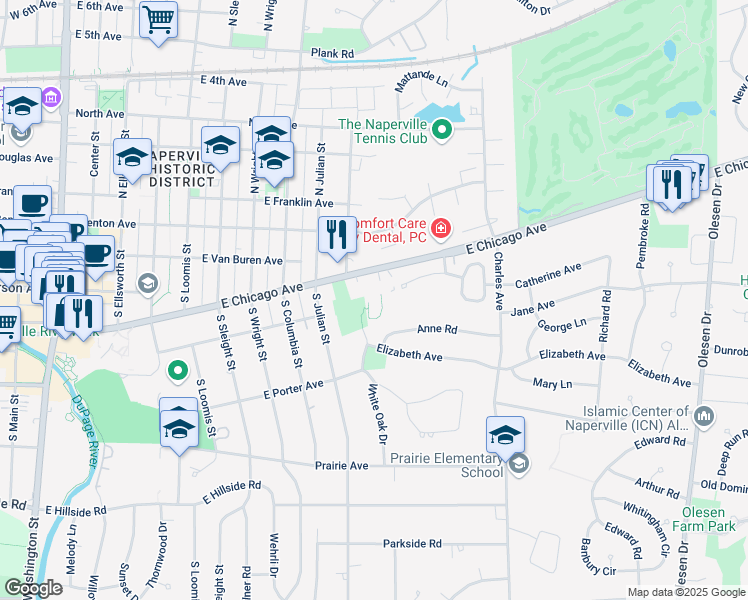 map of restaurants, bars, coffee shops, grocery stores, and more near 960 East Chicago Avenue in Naperville