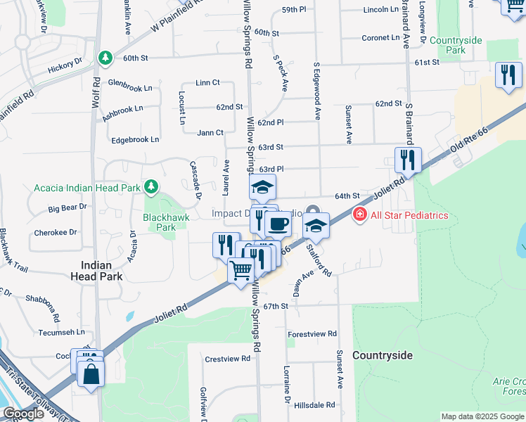 map of restaurants, bars, coffee shops, grocery stores, and more near 6425 Willow Springs Road in La Grange Highlands