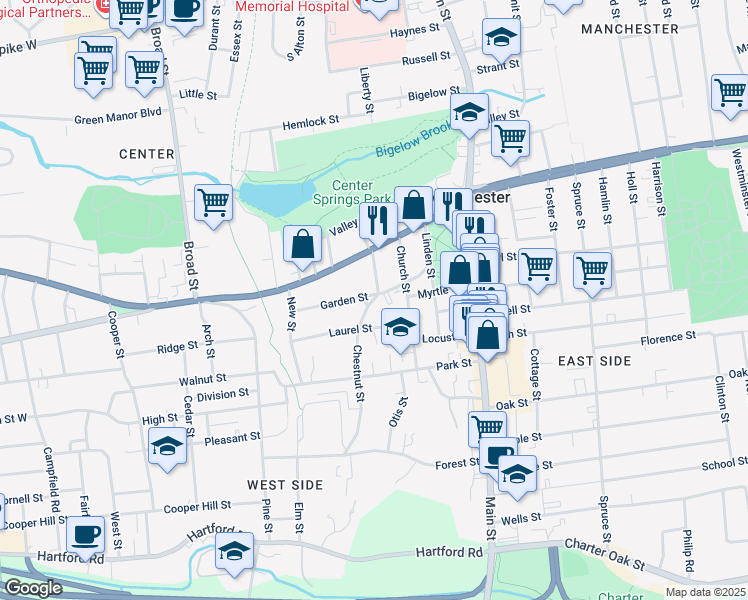 map of restaurants, bars, coffee shops, grocery stores, and more near 58 Chestnut Street in Manchester