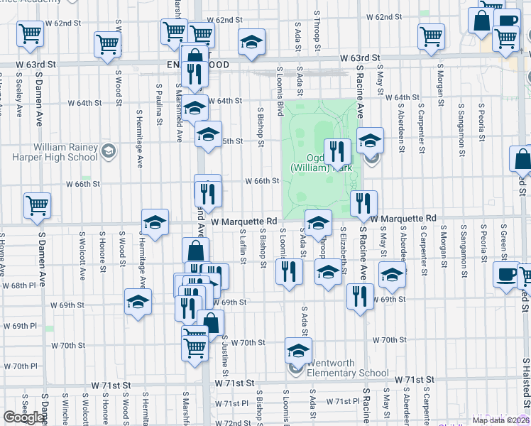 map of restaurants, bars, coffee shops, grocery stores, and more near 1419 West Marquette Road in Chicago