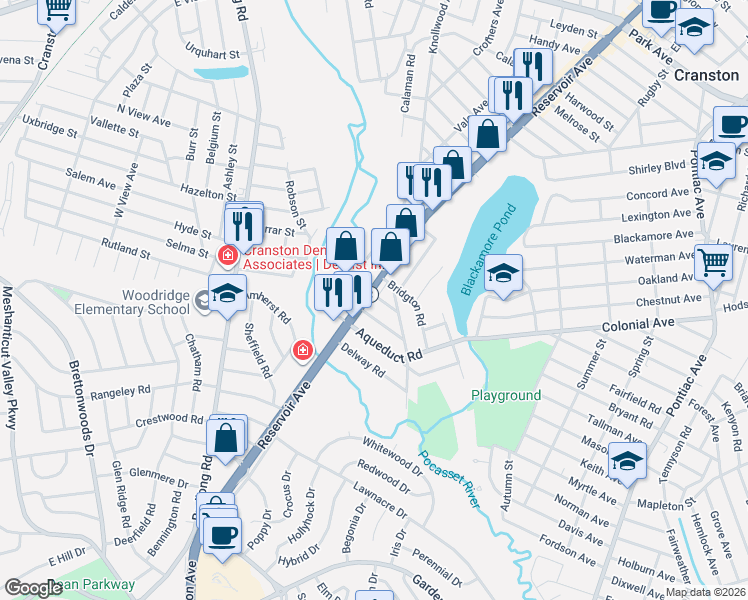map of restaurants, bars, coffee shops, grocery stores, and more near 1050 Reservoir Avenue in Cranston