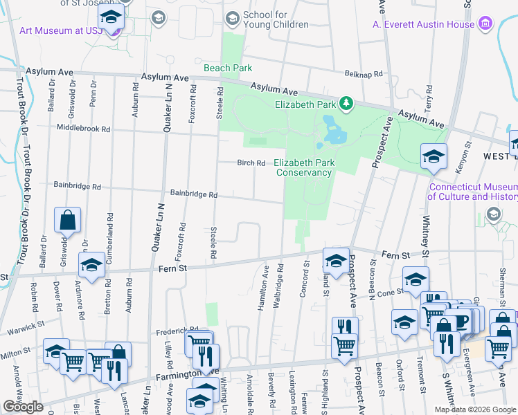 map of restaurants, bars, coffee shops, grocery stores, and more near 24 Fernwood Road in West Hartford