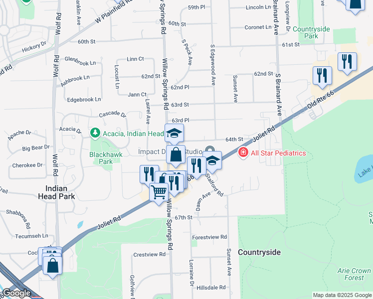 map of restaurants, bars, coffee shops, grocery stores, and more near 6425 Willow Springs Road in La Grange Highlands