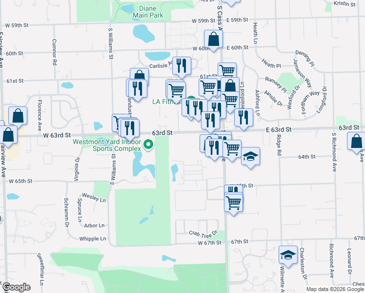map of restaurants, bars, coffee shops, grocery stores, and more near 7 South Suffield Court in Westmont